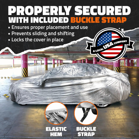 Large Sedan Car Cover 200x75x60 Inches All Weather 190T Polyester With Buckle Strap covering car in parking garage