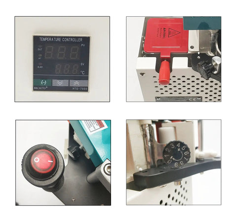 Pro Grade Woodworking Edge Bander Banding Machine With Adjustable Temperature And Speed, control panel, and components close-up.