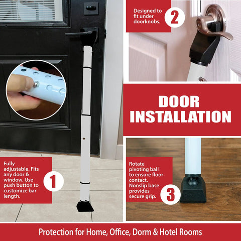 Adjustable Portable Door Security Bar For Hinged And Sliding Doors And Windows, Heavy Duty Door Stopper in use on a door