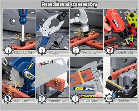Close-up of Awesome Kids Tool Workshop Set with 32-Inch Folding Workbench, showcasing electric drill toy and tool storage for STEM play.