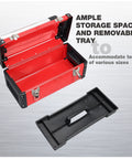 Heavy Duty 16 Inch Steel Tool Box With Aluminum Alloy Handle Double Lock Removable Tray Portable Metal Toolbox open with tray removed