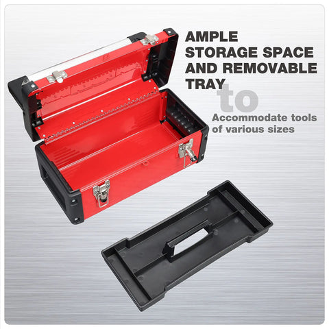 Heavy Duty 16 Inch Steel Tool Box With Aluminum Alloy Handle Double Lock Removable Tray Portable Metal Toolbox open with tray removed