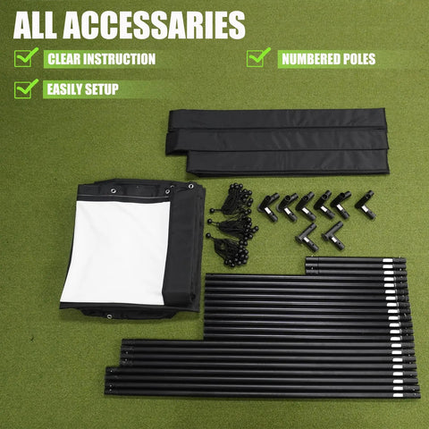 Indoor Golf Simulator Enclosure For Home Practice And Training Complete At Home Golf Setup Kit accessories laid out