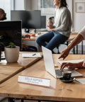 Custom Desk Name Plate With Aluminum Holder For Office Signage, Two Lines Of Laser Engraved Text, 2 Inch By 8 Inch on desk