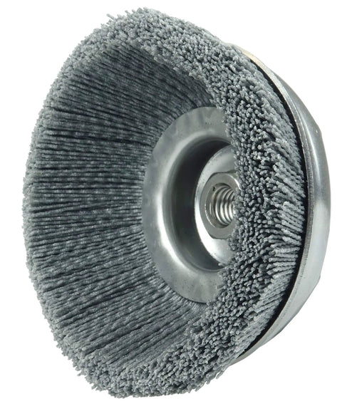 Pro-Grade Nylox Cup Brush With 6 Inch Crimped Nylon Fill 0.040 Inch 80 Grit For Smooth Finishing And Quick Stock Grinding, 5/8 Inch 11 UNC Nut, Made in the USA Built Tough For Real-World Jobs, close-up view showing nylon bristles and steel ring.