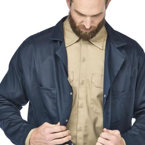 Flame Resistant Medical Lab Coat With Concealed Snap Front Adjustable Hem Snap Closure And Four Pockets For Tools Navy Color X Large US Size