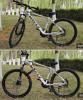 "Bike Rack Straps 2 Pack With Extra Wide Silicone Anti Slip Coating For Real Grip And No Slippage, Adjustable Wheel Stabilizers With Hook And Loop, Great For Car And Wall Mount, Transportation And Storage 26 Inch By 1.5 Inch" used on a bike before and after stabilization.