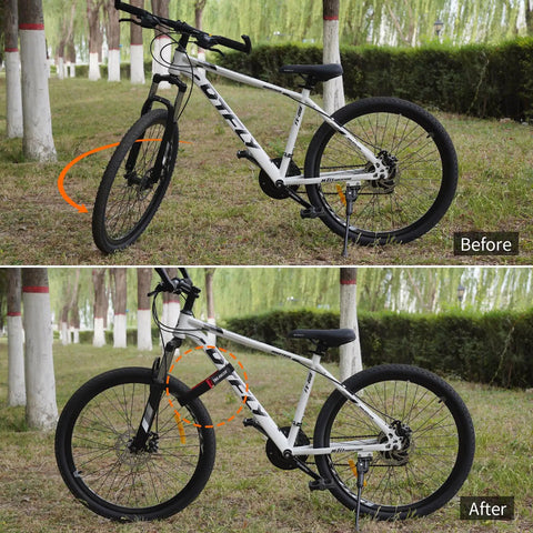 "Bike Rack Straps 2 Pack With Extra Wide Silicone Anti Slip Coating For Real Grip And No Slippage, Adjustable Wheel Stabilizers With Hook And Loop, Great For Car And Wall Mount, Transportation And Storage 26 Inch By 1.5 Inch" used on a bike before and after stabilization.
