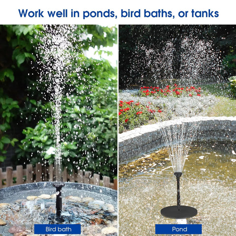 5.5W Solar Fountain Kit For Bird Bath And Small Pond With 3000mAh Battery Backup showing water flow in bird bath and pond