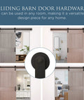Builder Interior Sliding Barn Door Kit Two Piece 72 Inch Matte Black supports up to 36 inch openings, installed in various rooms.