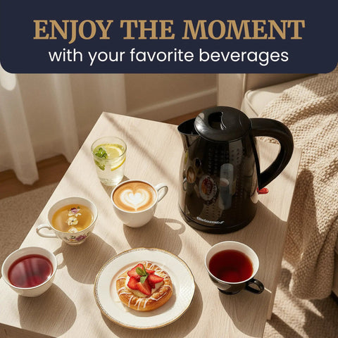 1.7L Electric Kettle With No Fuss Fast Boil BPA Free Auto Shutoff Boil Dry Protection 360 Degree Swivel Cordless Base on table