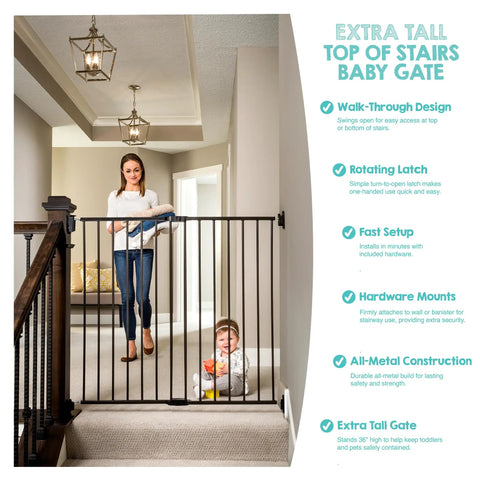 Extra Tall Baby Gate For Stairs And Doorways Walk Through With Door Hardware Mounted Gate For Babies Toddlers And Pets Expands From 24 To 40.5 Inches 36 Inch Tall Black installed on a staircase.