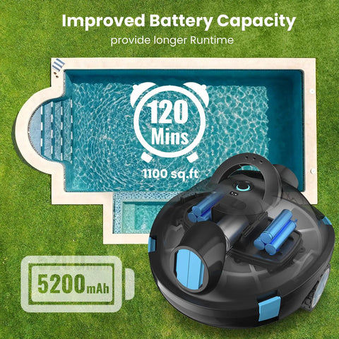 Cordless Robotic Pool Cleaner With Dual Suction And Ultra Long Battery Life next to a swimming pool illustration, 5200mAh battery
