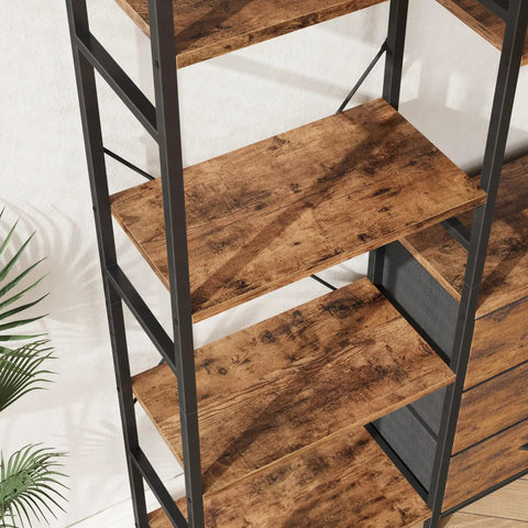 Industrial Rustic 47 Inch Wide Bookcase With Ten Display Shelves And Hidden Fabric Drawers, showcasing close-up of shelves and frame