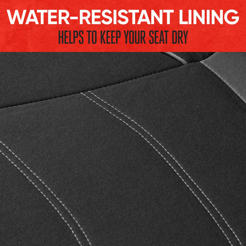 Close-up of water-resistant lining on Black Cloth Car Seat Covers For Front Seats Premium Bucket Style Fits Cars Trucks SUVs.