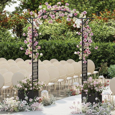 Garden Arch With Planters And No Fuss Self Watering Boxes On Wheels, 8.2Ft Metal Arbor Trellis at outdoor wedding ceremony