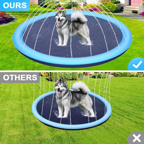 Top view of Extra Large 67 Inch Non Slip Splash Pad With Sprinkler Kid And Pet Friendly Thickened Epic Backyard Water Toy with dog