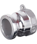 Heavy Duty Aluminum Cam Lock Coupling Type A 1.5 Inch Straight Up Quick Connect Hose Adapter with shiny finish and NPT female thread.