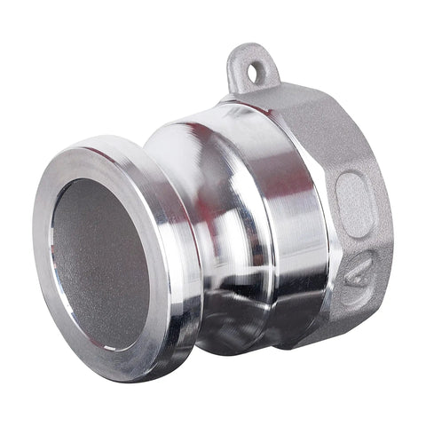 Heavy Duty Aluminum Cam Lock Coupling Type A 1.5 Inch Straight Up Quick Connect Hose Adapter with shiny finish and NPT female thread.