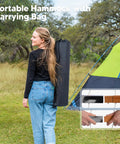 Woman carrying a bag with Two Person Hammock With Heavy Duty Curved Bar For Poolside And Backyard Lounging, tent in background
