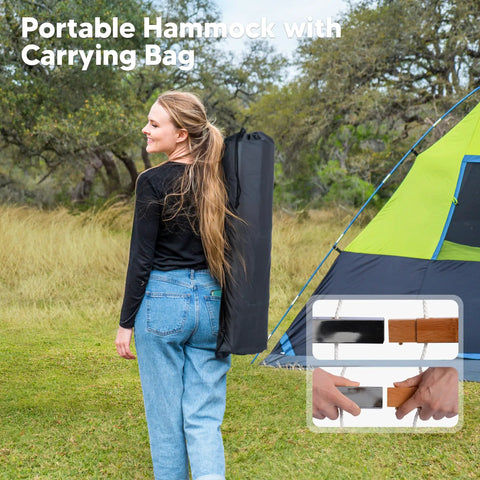 Woman carrying a bag with Two Person Hammock With Heavy Duty Curved Bar For Poolside And Backyard Lounging, tent in background