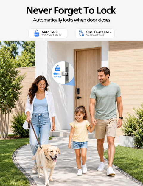Family walking with dog near Top Shelf Matte Black Wifi Smart Lock With Fingerprint Keyless Entry and Lever Handles.