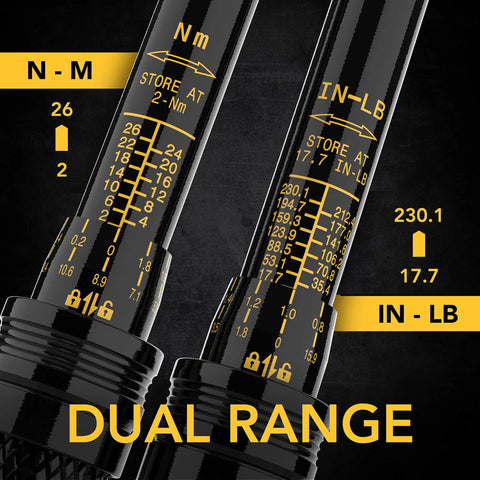 Close-up of Bike Torque Wrench Set 1/4-Inch Drive, 15-Piece Kit with dual scale in Nm and in-lb showing adjustable torque range.