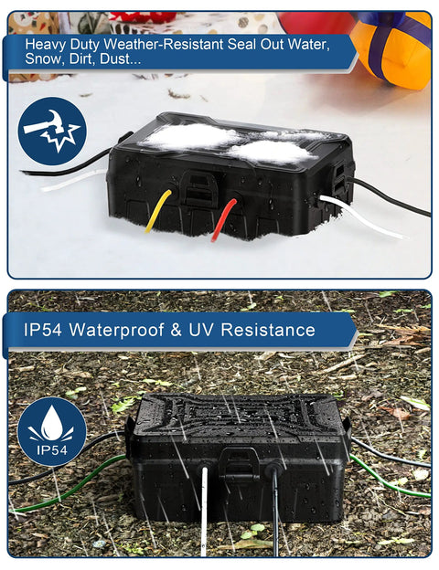 Outdoor Weatherproof Electrical Box With 3 Way Cord Connection Cover And Six Entry Ports Keeps Cables Neat And Safe For Holiday And Landscape Lights Black Durable Weather Seal in wet conditions with cords connected