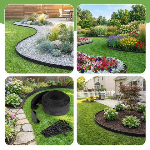 Flexible No Dig Garden Edging Kit 33 Ft By 2 In Plastic Landscape Border With 45 Stakes shown defining garden and flower beds