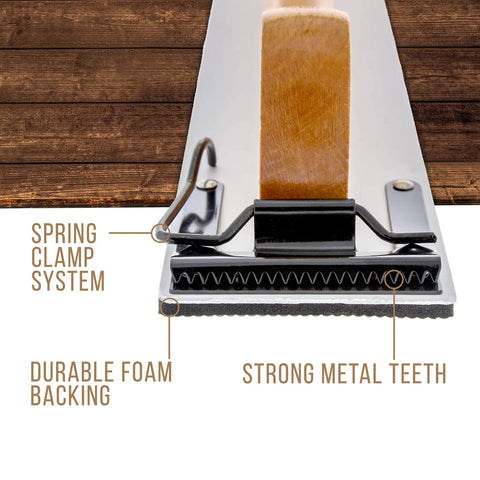 Close-up of Wooden-Handle Longboard Sander For PSA And Dry Longboard Paper, 16-1/2 By 2-3/4 Inches, featuring metal teeth and foam backing.
