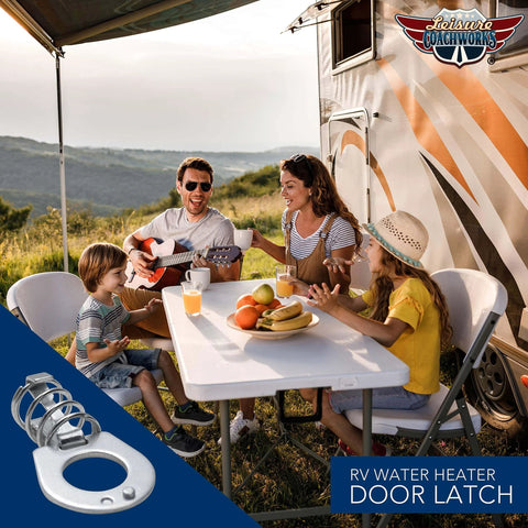 Family enjoying a picnic outside RV with Steel RV Water Heater Latch Twist Cam Lock Replacement Door Fastener visible in corner.