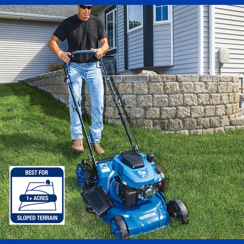 21 Inch 3 In 1 Self Propelled Gas Lawn Mower With 200cc OHV Engine Kickin Power Through Thick Grass Wet Yards And Uneven Terrain Mulch Bag Side Discharge For Easy Cleanup on sloped lawn