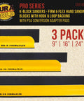 Three Pro Series K-Block Sander Kit hand blocks in 9, 16, 24 inch sizes with firm and flex, hook and loop backing, PSA conversion pad.