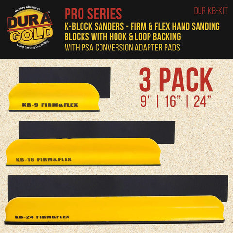 Three Pro Series K-Block Sander Kit hand blocks in 9, 16, 24 inch sizes with firm and flex, hook and loop backing, PSA conversion pad.