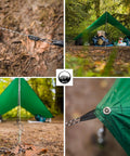 All In One Camping Hammock Kit With Bug Net And Rain Fly set up outdoors, featuring green rain fly and rope details