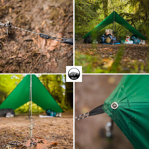 All In One Camping Hammock Kit With Bug Net And Rain Fly set up outdoors, featuring green rain fly and rope details