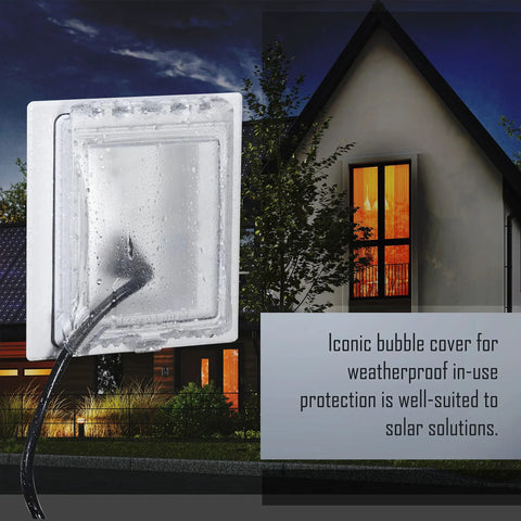 Built Tough Heavy Duty 1-Gang Recessed Weatherproof In-Use Outlet Cover mounted outdoors on residential siding