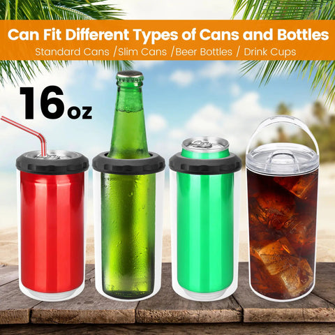 Premium 4 Pack 16 Oz Sublimation Beer Can Cooler Blanks displaying different can types, including standard, slim, and beer bottles.