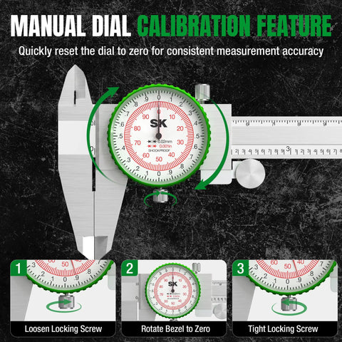 Dial Caliper Measuring Tool With Six Inch Range And Pro Grade Precision To 0.001 Inch (0.03 mm), Dual Reading Display For Industrial, Mechanical, Woodworking And DIY Projects, Reliable, Durable And Easy To Read. Manual dial calibration feature