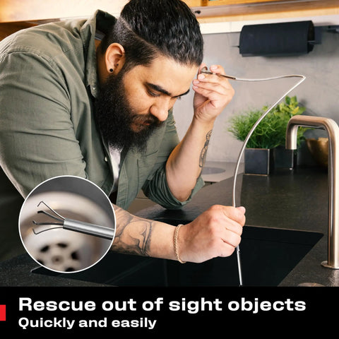 Man using Multipurpose Pickup Tool Set With 36 Inch Flexible Claw Grabber And Telescoping Magnetic Pickup Stick in kitchen sink