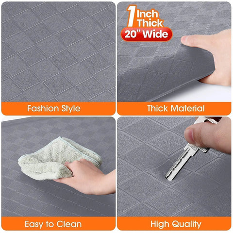 Close-up images showing features of Anti Fatigue Kitchen Mat 72 By 20 Inches One Inch Thick Non Slip Heavy Duty Water Resistant Rug.