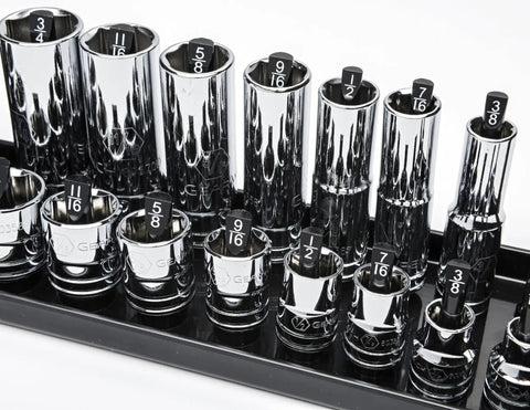 Close-up view of Three Piece SAE Socket Rack Set For One Quarter Inch, Three Eighth Inch And One Half Inch Drive Storage Tray with sockets.