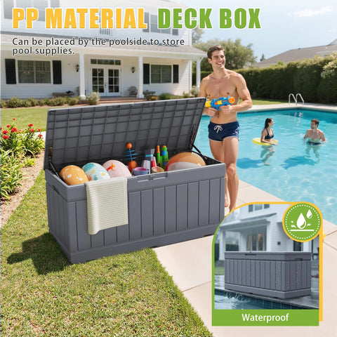 82 Gallon Outdoor Storage Box With Lid For Patio Furniture Garden Tools And Pool Supplies Weatherproof UV Resistant Lockable Gray Backyard Organizer Pro