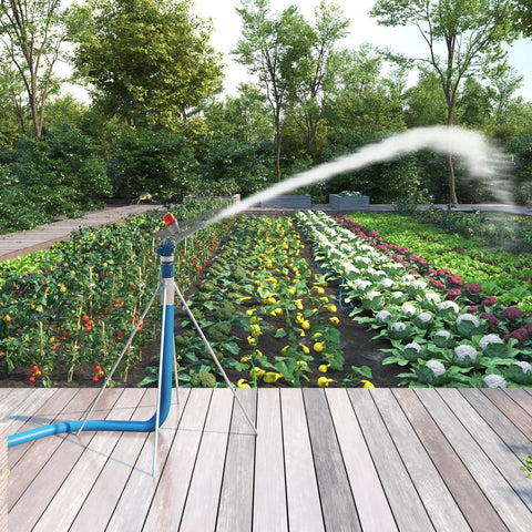 1 Inch Zinc Alloy Agriculture Spray Gun For Large Area Irrigation in use, watering farm crops with a 30-meter radius, adjustable sprinkler