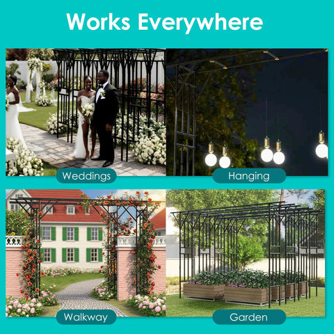 Flat Top Garden Arch Trellis For Climbing Plants Extra Large 11 Ft By 9 Ft Outdoor Metal Arbor in various settings: weddings, walkway, garden, hanging lights.