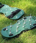 Lawn Aerator Shoes With Spikes 8 Pack Adjustable Garden Sandal Straps for Soil Aeration on grassy surface.