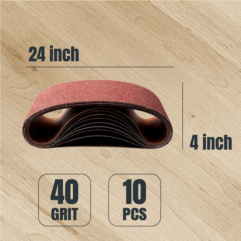 4x24 Inch Sanding Belts Set, 10 Pack, 40 Grit Aluminum Oxide Sandpaper For Oscillating Belt Sander shown on wood surface