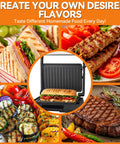 Premium Baker's Friend Mini Panini Press Electric Grill with sandwich, grilled vegetables, and steak dishes.