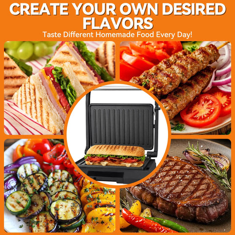 Premium Baker's Friend Mini Panini Press Electric Grill with sandwich, grilled vegetables, and steak dishes.