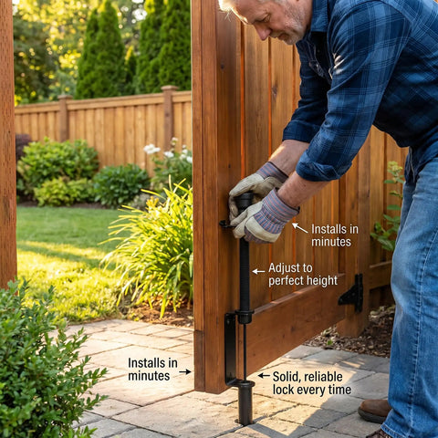 Man installing Tough As Nails Matte Plastic Pull Gate Latch For Wooden Fences And Metal Gates With No Sweat Outdoor Yard Entry Hardware Easy Upgrade Backyard Walkway Closure Kit Pack Of Ten.